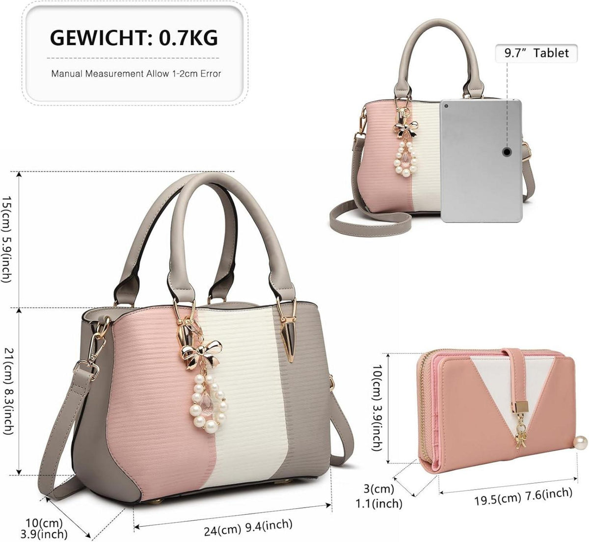 Damen Handtasche Henkeltasche mehrfarbig PU Leder Perle Kristall Style Drop Alltags Mode Arbeit Grau