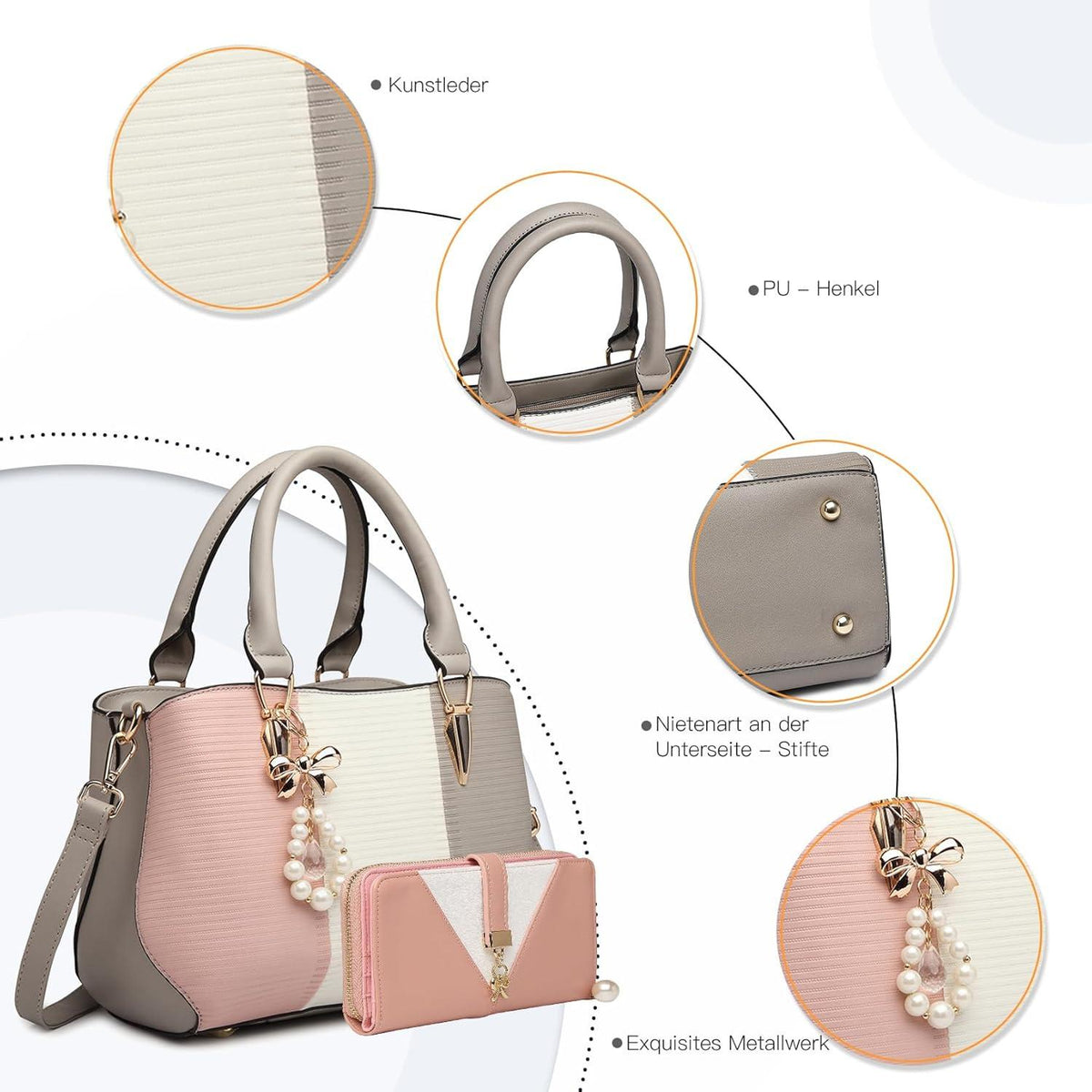 Damen Handtasche Henkeltasche mehrfarbig PU Leder Perle Crystal Style