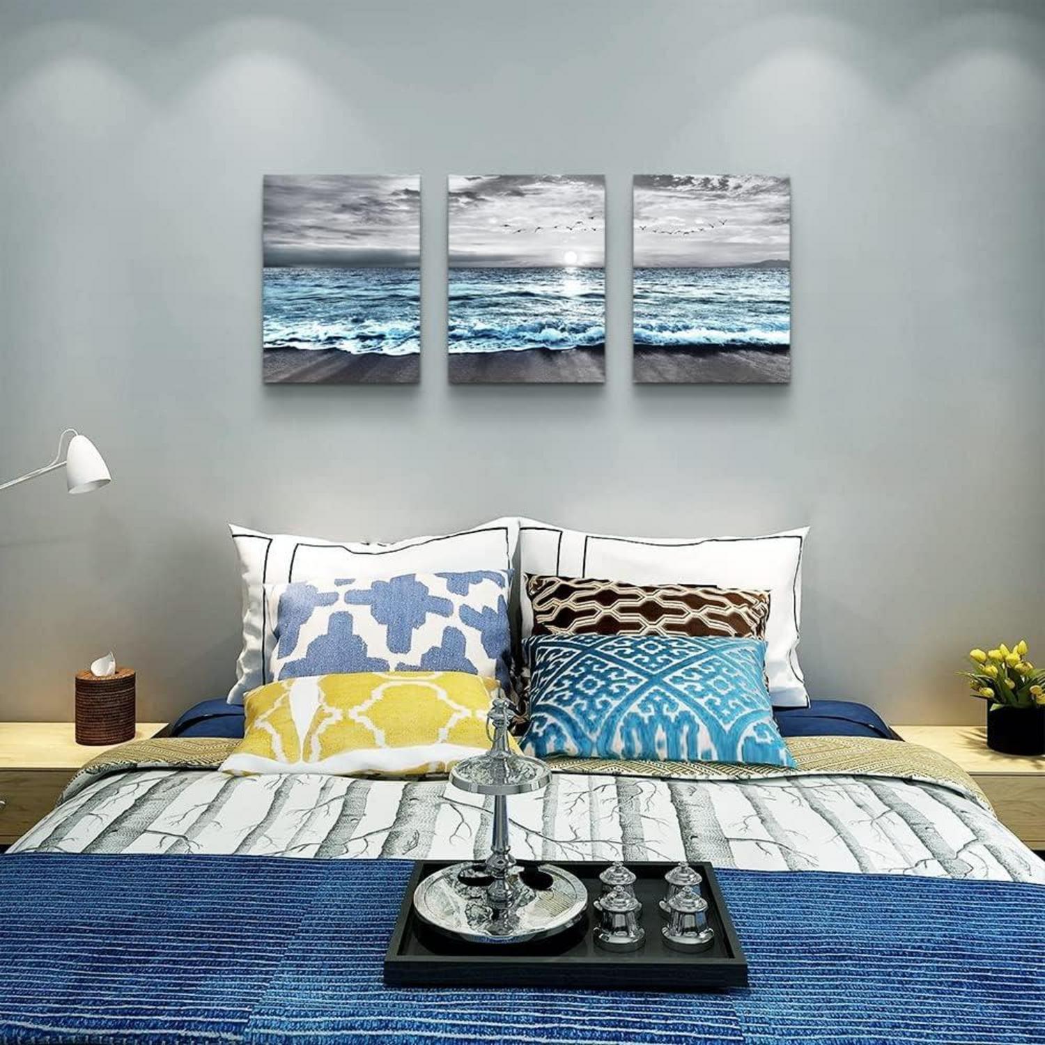 Sonnenaufgang Leinwandbild Strand Meer Landschaft 40x30 cm Grau Blau
