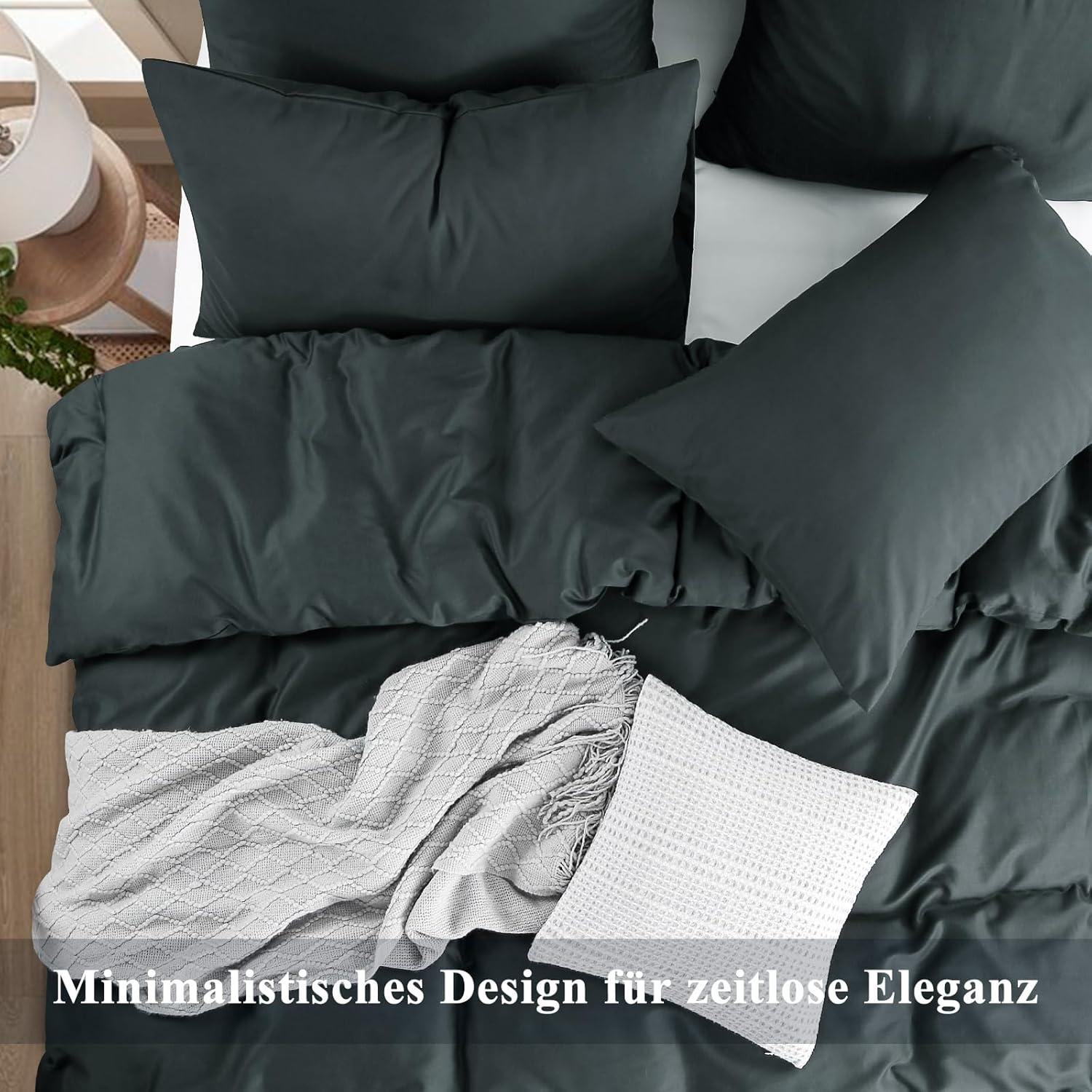 Bettwäsche 135x200 4tlg Grau Baumwolle Anthrazit Reißverschluss Cotton