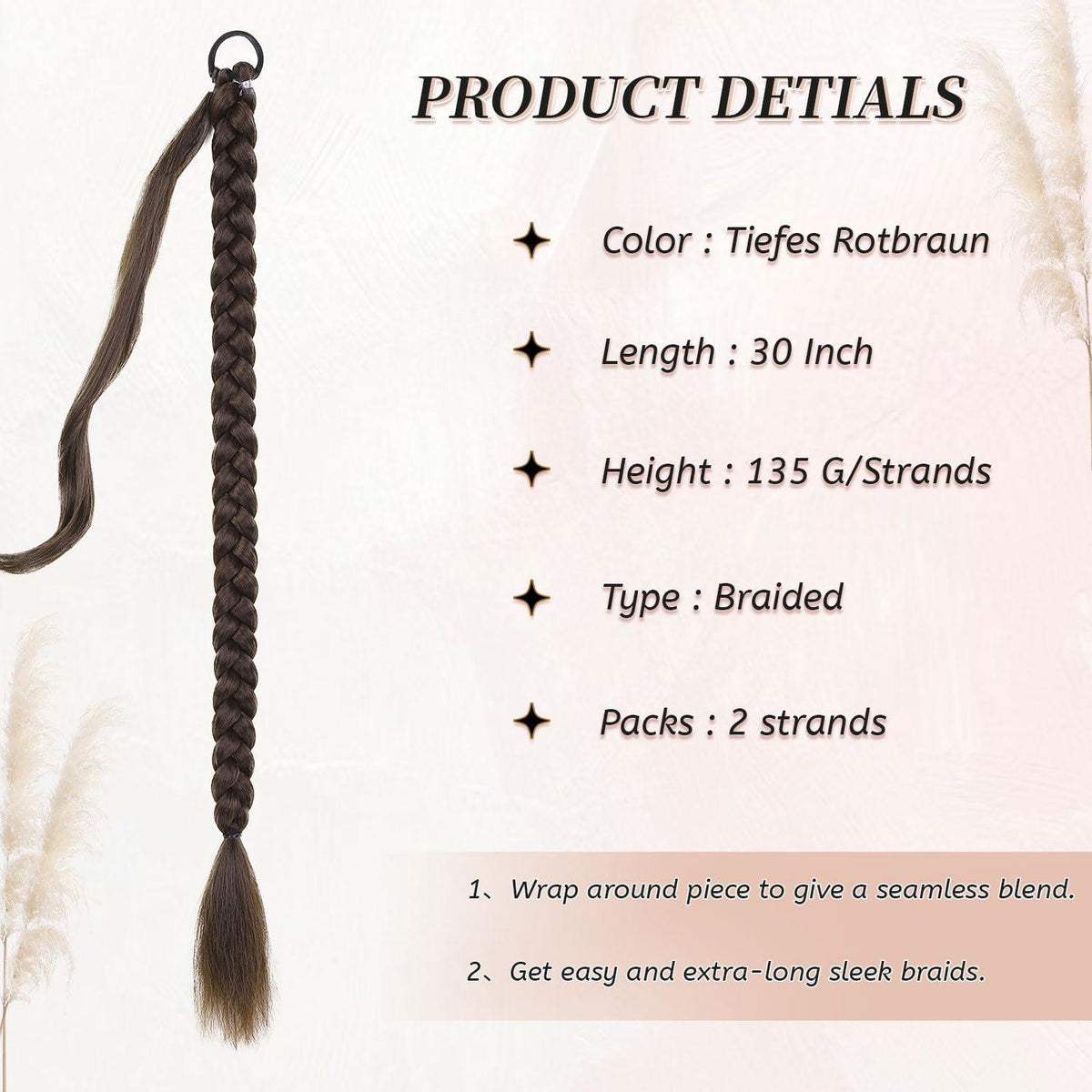 2 Geflochtene Zopf Extensions - Tiefes Rotbraun, 30 Zoll