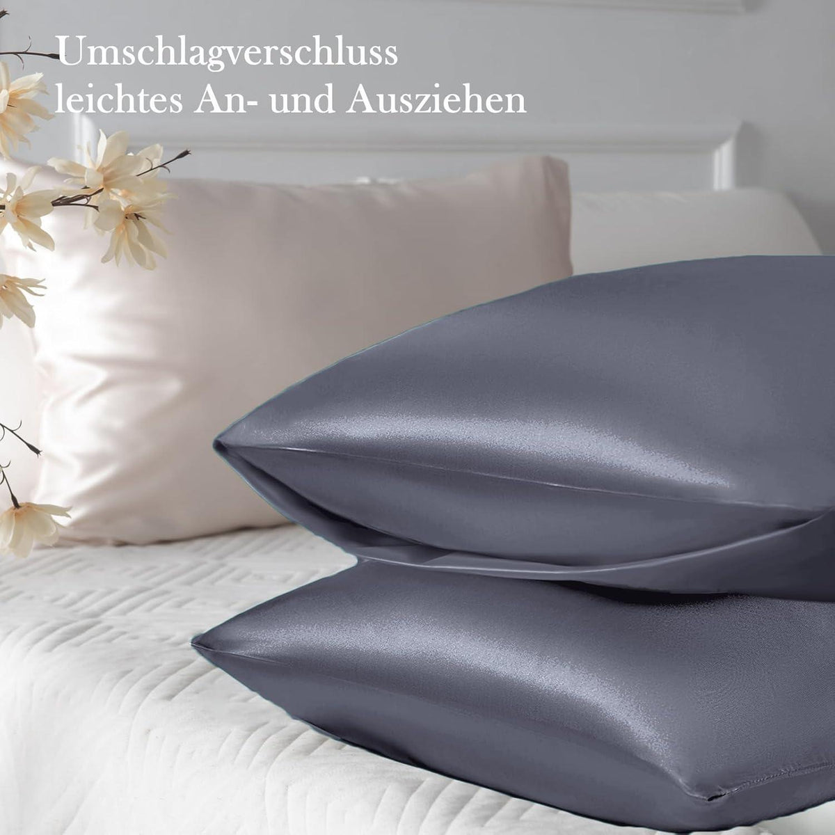 2er Set Satin Kissenbezug 50x70 Blau Violett Haargummis