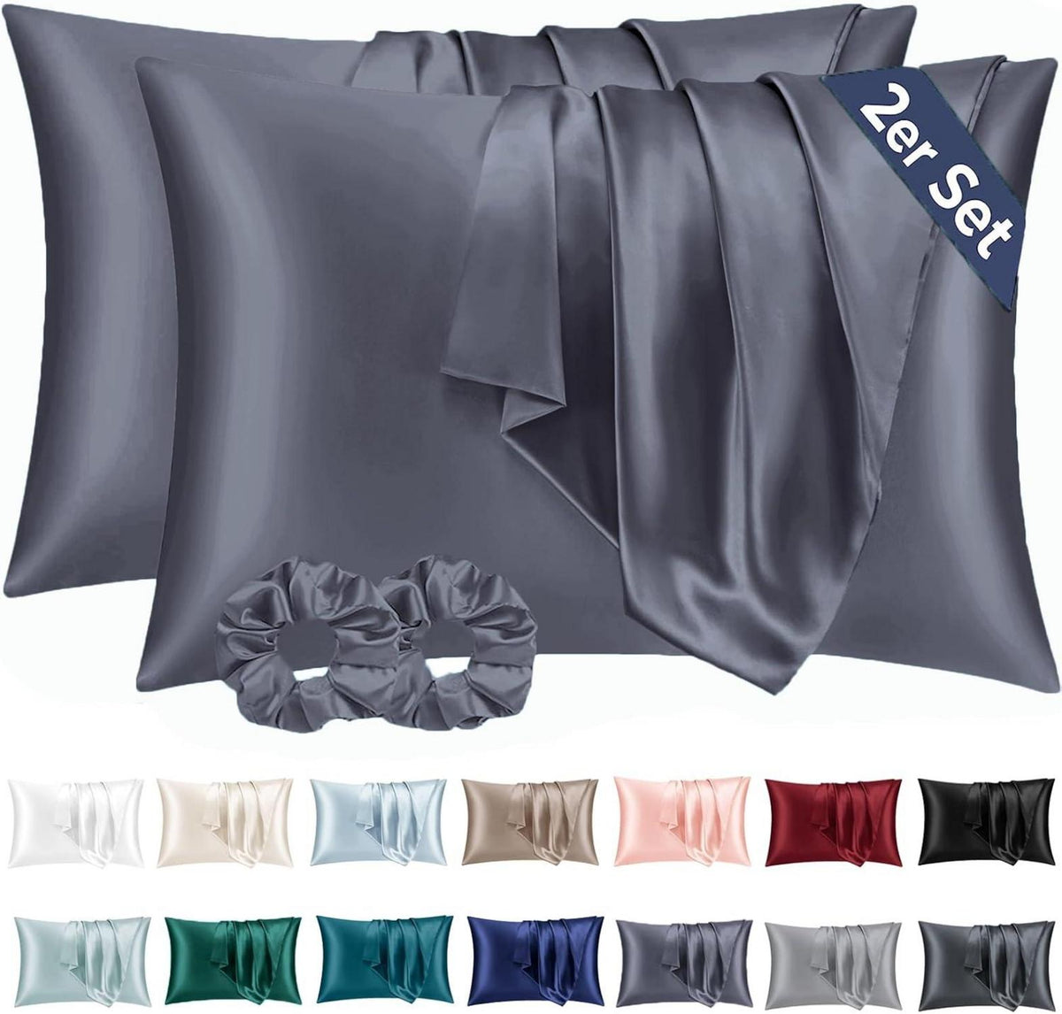 Satin Kissenbezug 2er Set Blau Violett Haargummis