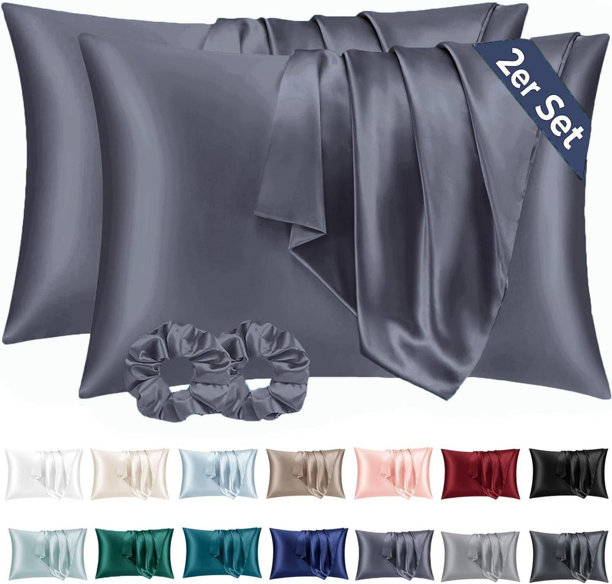 Satin Kissenbezug 40x70 Blau Violett Haargummis 2er-Set