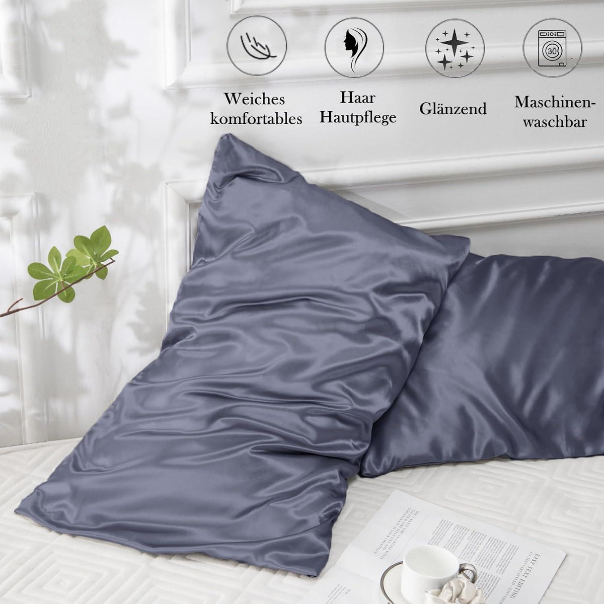 Satin Kissenbezug Blau Violett 70x40 2er Set Haargummis