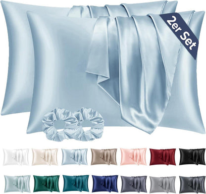 Satin Kissenbezüge 2er Set Hellblau 40x70cm mit Haargummis