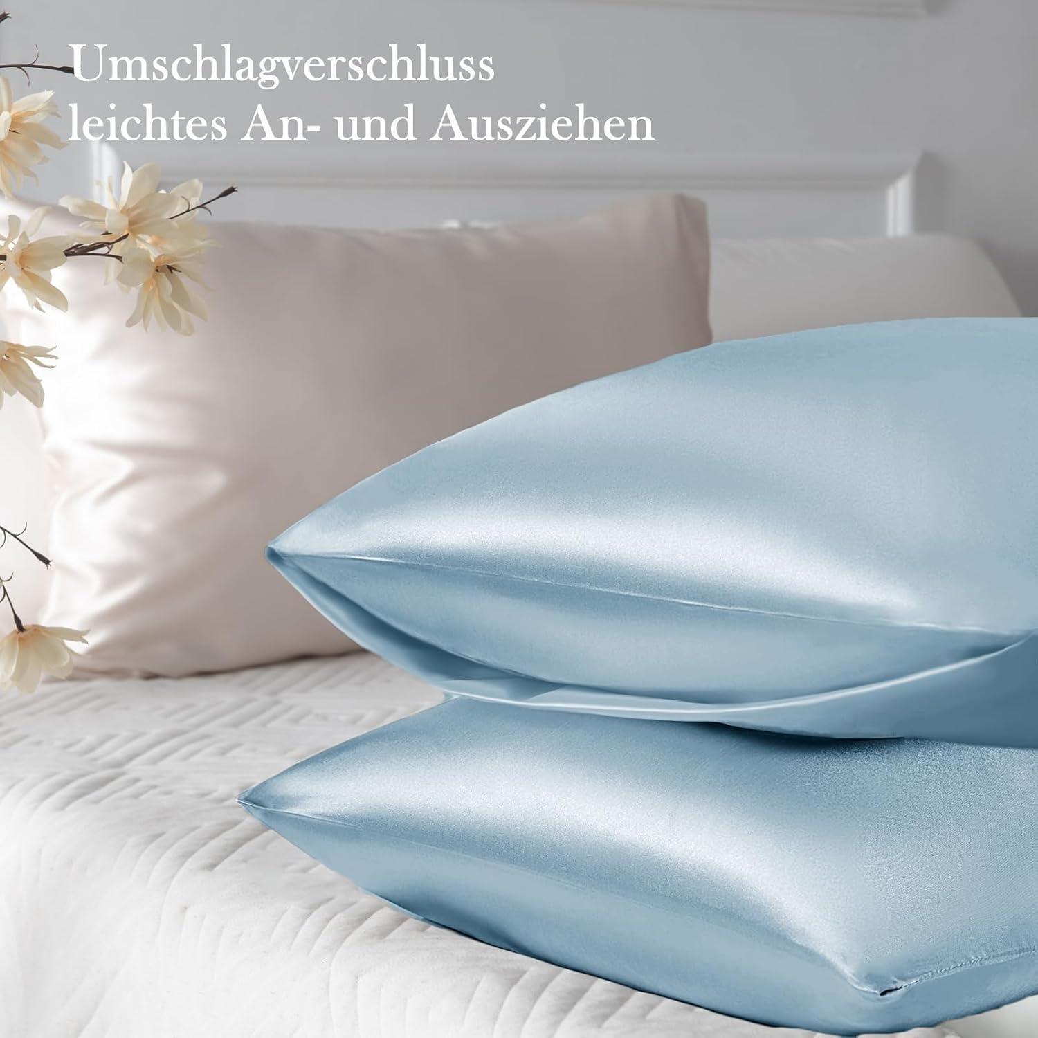 Satin Kissenbezüge 2er Set Hellblau 40x70cm mit Haargummis