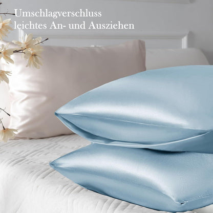 Satin Kissenbezüge 2er Set Hellblau 40x70cm mit Haargummis