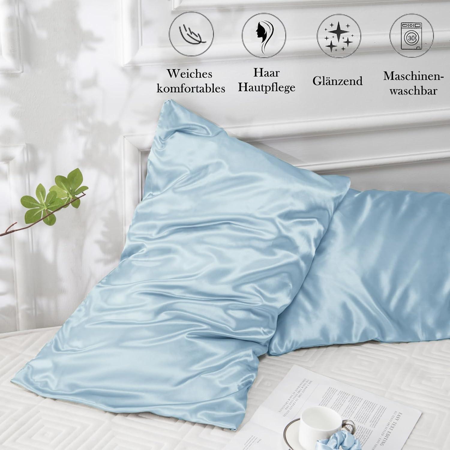 Satin Kissenbezug 2er-Set 40x70 Hellblau Haargummis Hautpflege-Silk-Qualität