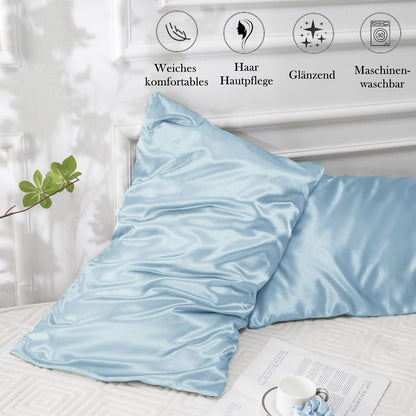 Satin Kissenbezug 2er-Set 40x70 Hellblau Haargummis Hautpflege-Silk-Qualität