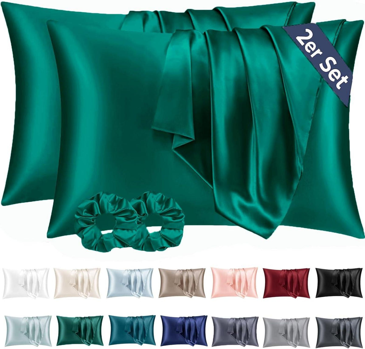 Satin Kissenbezug Dunkelgrün 40x60 2er-Set mit Haargummis