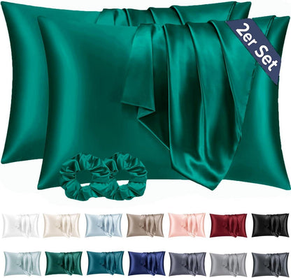 Satin Kissenbezug Dunkelgrün 40x70 mit Haargummis - 2er Set