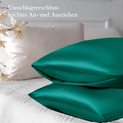 Satin Kissenbezug Dunkelgrün 40x70 mit Haargummis - 2er Set