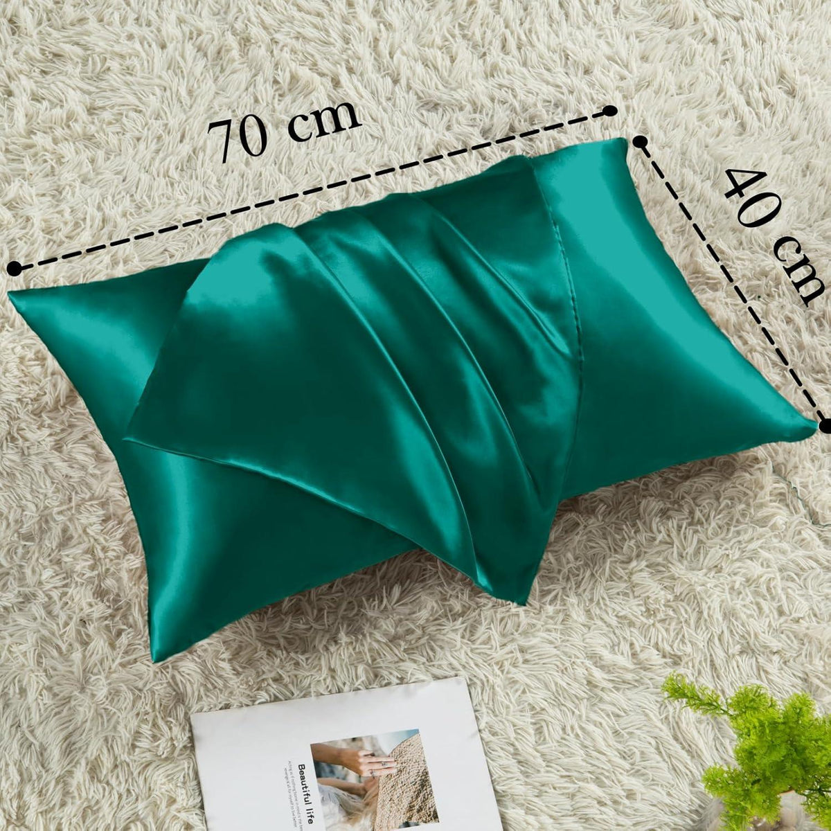 Satin Kissenbezug 2er Set Dunkelgrün 40x70 mit Haargummis
