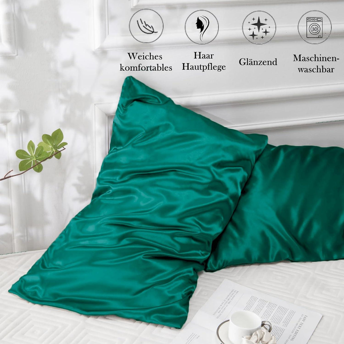 2er-Set Satin Kissenbezug 40x70 Dunkel Grün+Haargummis