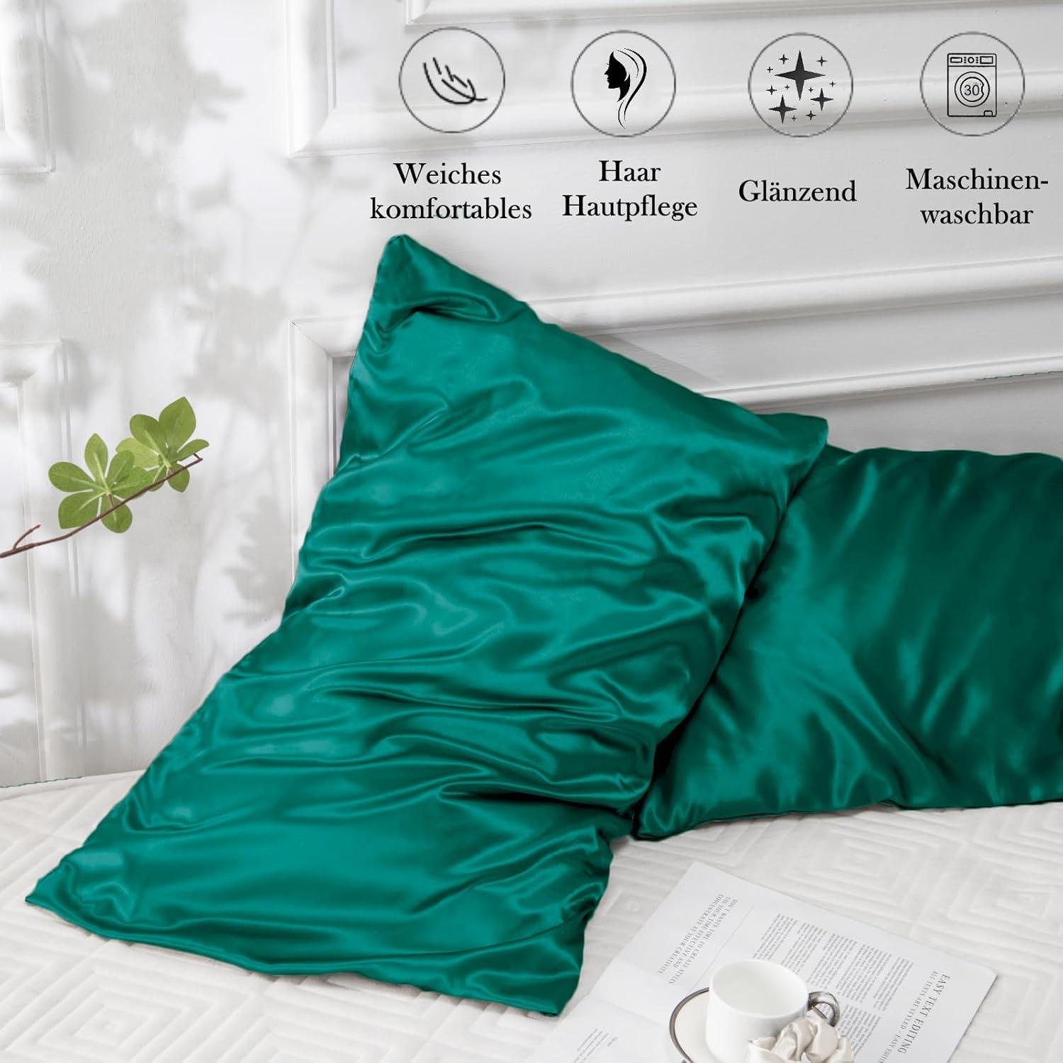 Satin Kissenbezug 2er Set 50x70 Dunkelgrün mit Haargummis