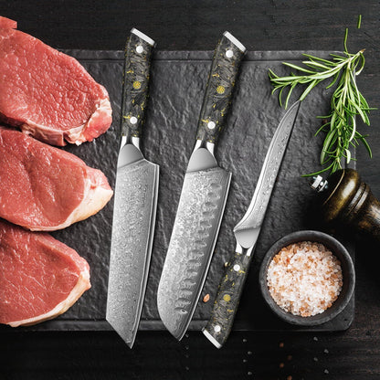 Damast Küchenmesser Set 3tlg. – Santoku, Kochmesser & Filetiermesser