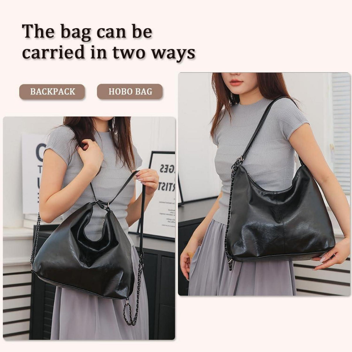 Damen Rucksack Elegant PU Lederrucksack Handtasche 2 in 1 Modern Hobo