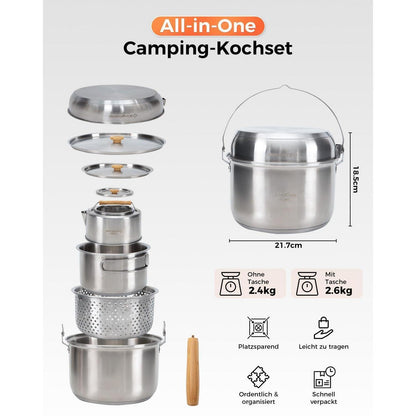 Camping Kochset Edelstahl 4-teilig mit Wasserkessel