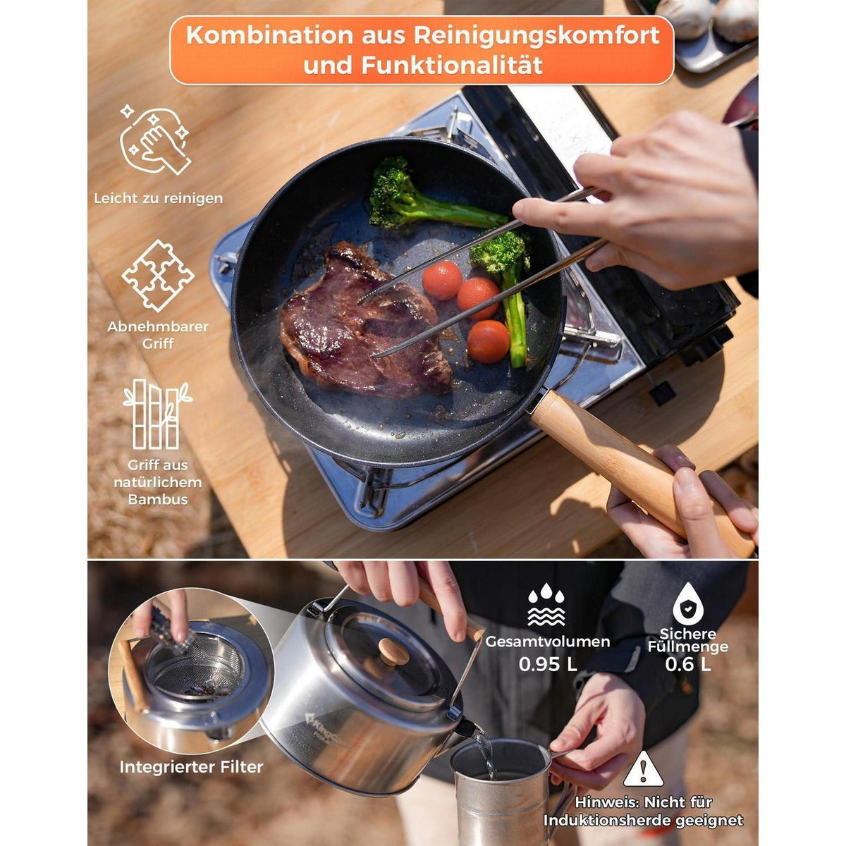 Camping Kochset Edelstahl 4-teilig mit Wasserkessel