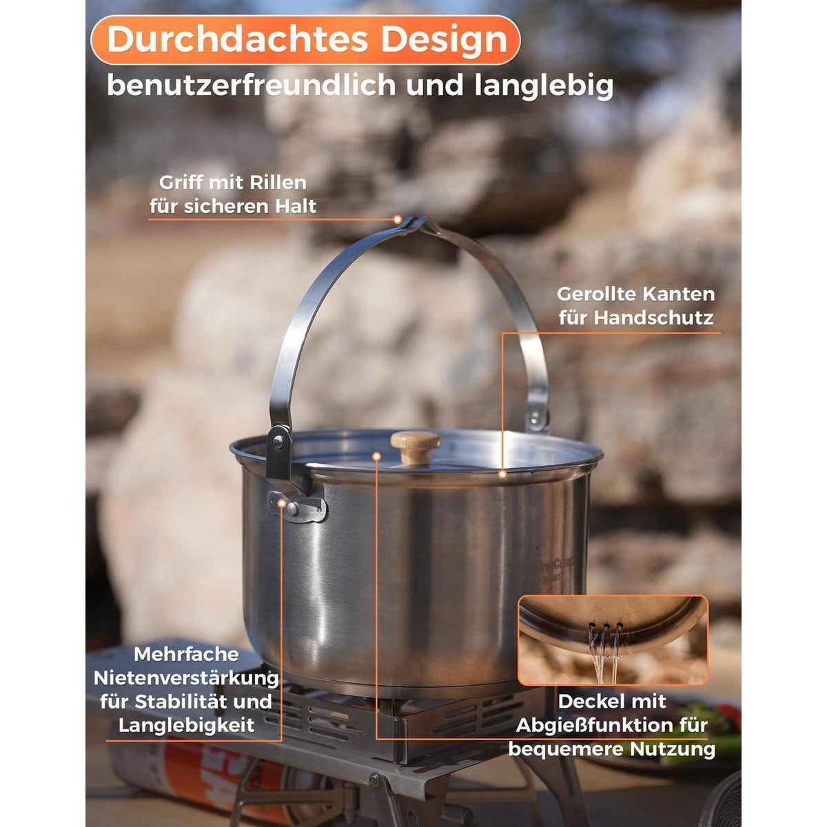 Camping Kochset Edelstahl 4-teilig mit Wasserkessel
