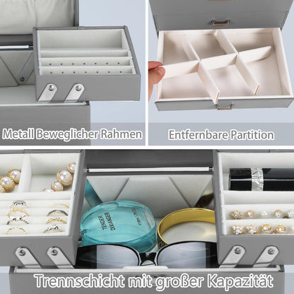 Großes Schmuckkästchen mit 4 Ebenen und 2 Schubladen, Grau