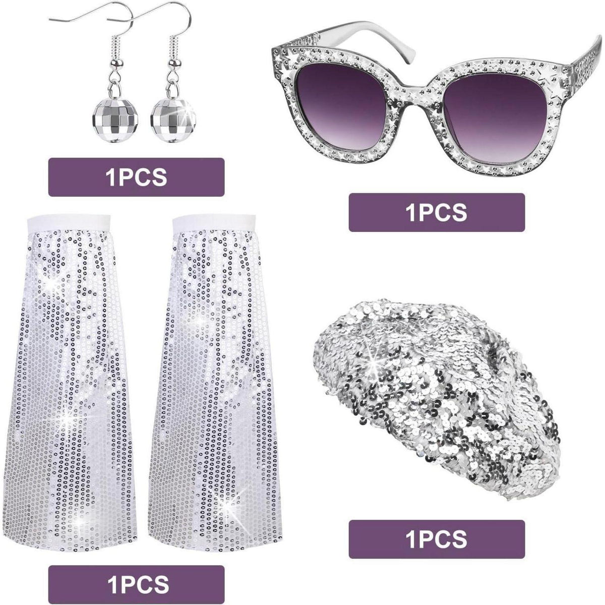 Disco Kostüm Set Damen 70er 80er Jahre Pailletten Stulpen Ohrringe Brille Hut