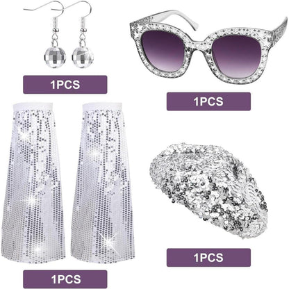 Disco Kostüm Set Damen 70er 80er Jahre Pailletten Stulpen Ohrringe Brille Hut
