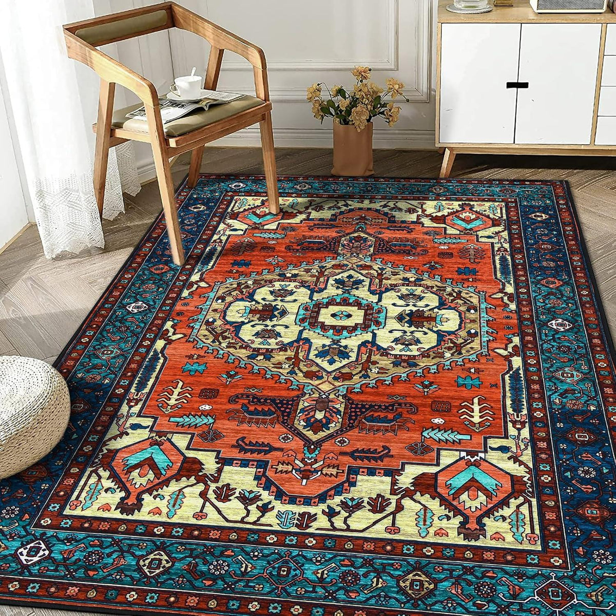 Boho Teppich Kurzflor Waschbar Rutschfest Vintage Design Rot 200x280