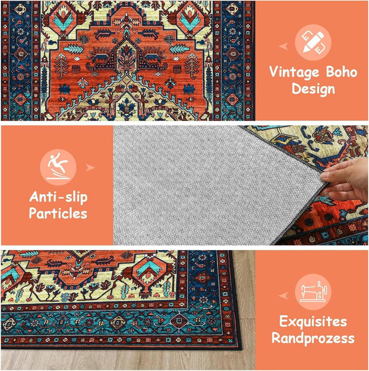 Boho Teppich Kurzflor Vintage Design Rot Waschbar 200x280 cm