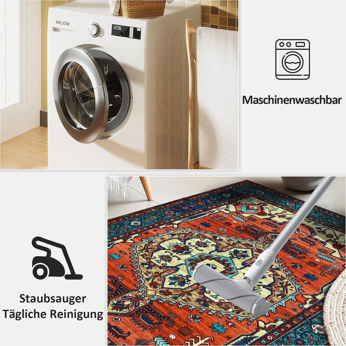 Boho Teppich Kurzflor Vintage Design Natur Washable 200x280 cm