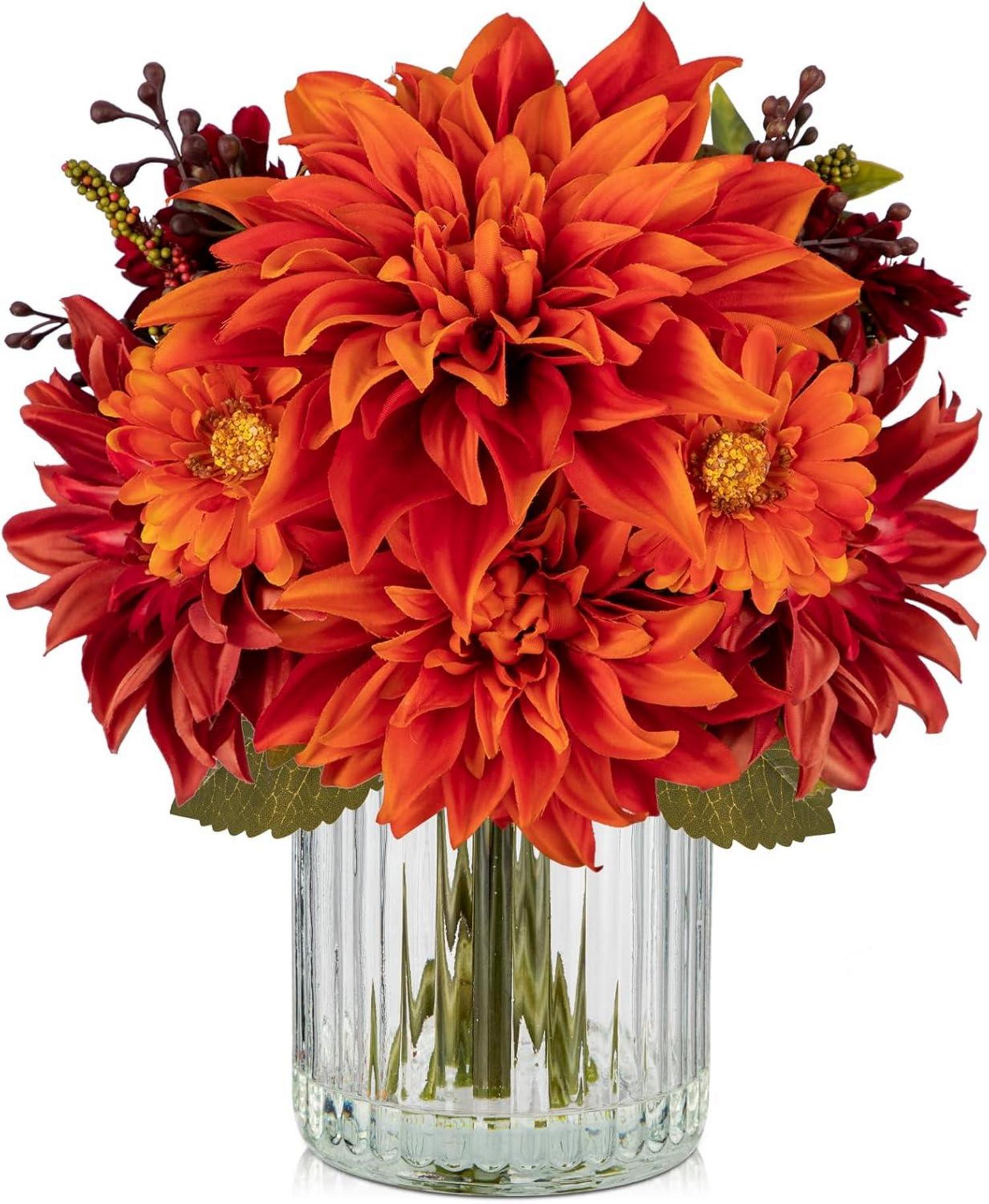 Künstliche Dahlien Chrysantheme Herbstdeko Zylindrische Glasvase 30 CM