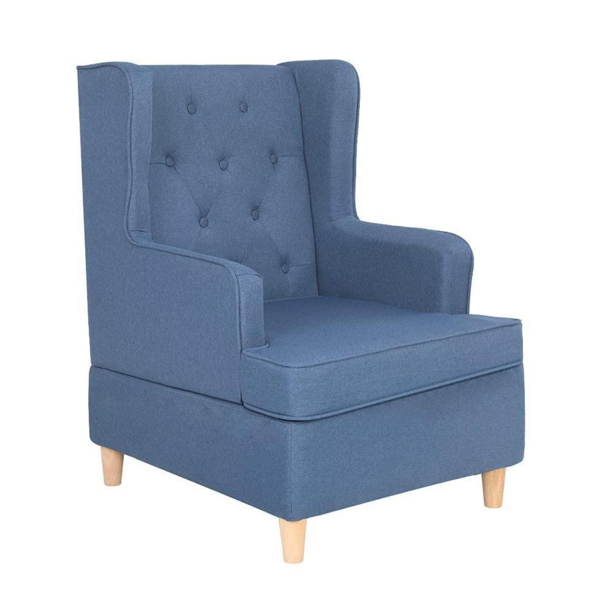 Mingone Ohrensessel Blau – Bequemer Leinen Loungesessel mit Holzfüßen