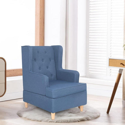 Mingone Ohrensessel Blau – Bequemer Leinen Loungesessel mit Holzfüßen