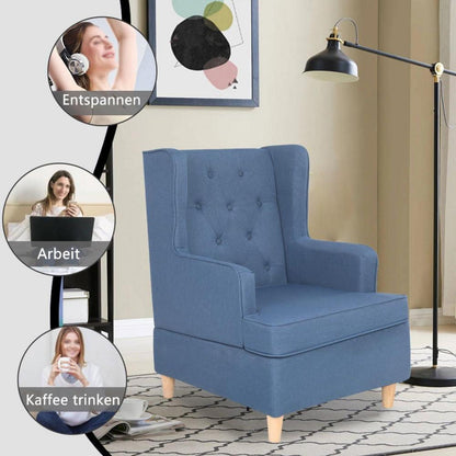Mingone Ohrensessel Blau – Bequemer Leinen Loungesessel mit Holzfüßen