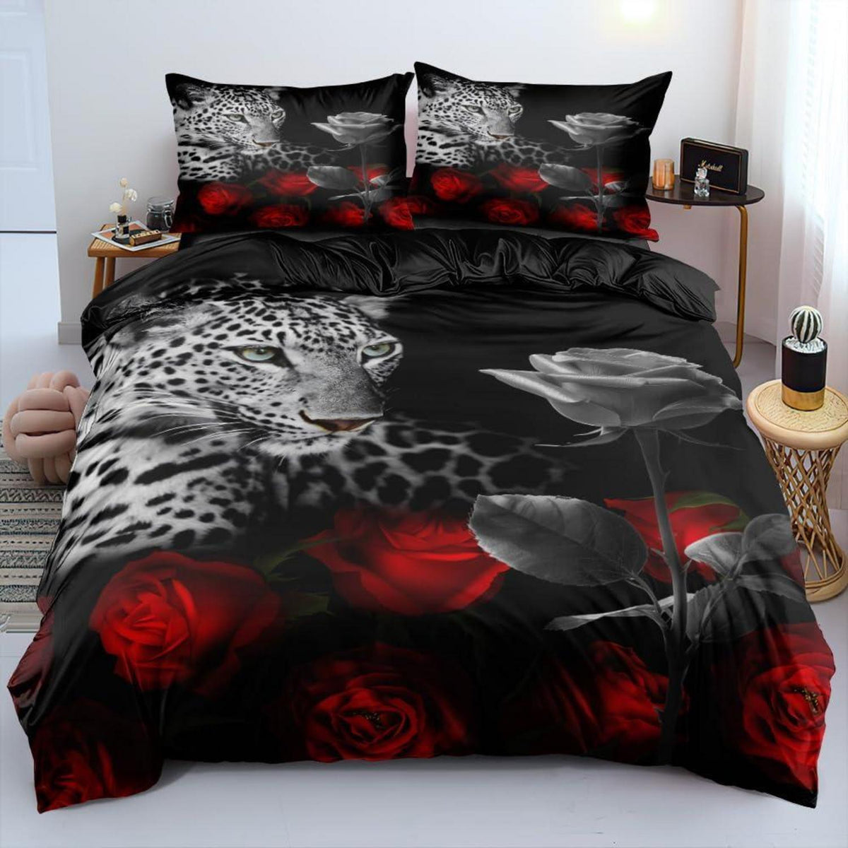3D Leoparden Bettwäsche 135x200 - 4tlg. Set mit Kissenbezügen