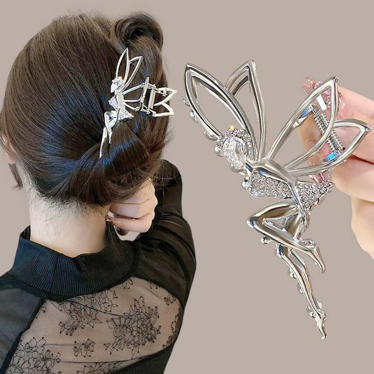 Große Elfen Haarklammer mit Strass - Silber Haarspange für Damen