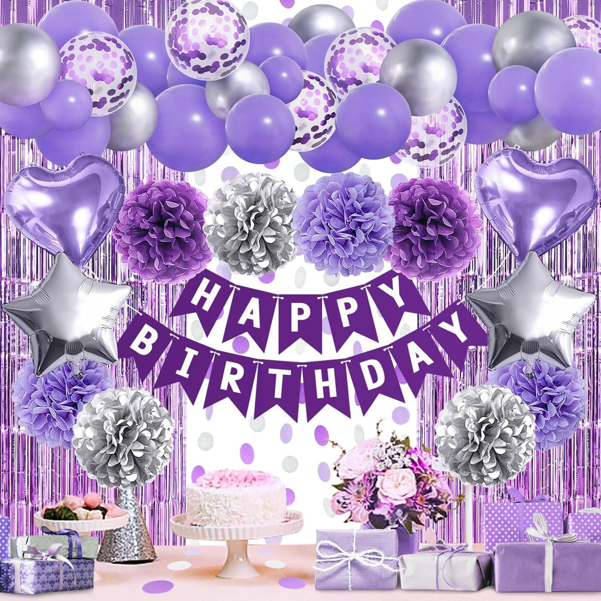 Geburtstagsdeko Set Violett Silber Party Deko Mädchen Frauen Kinder