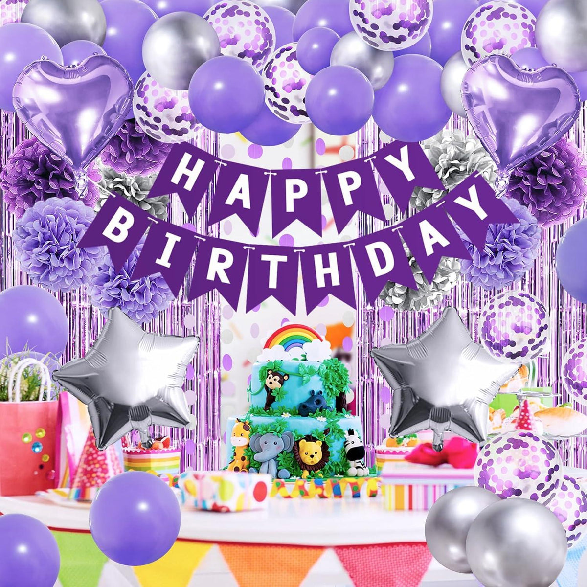ZERODECO Lila Silber Geburtstagsdeko Happy Birthday Party Set