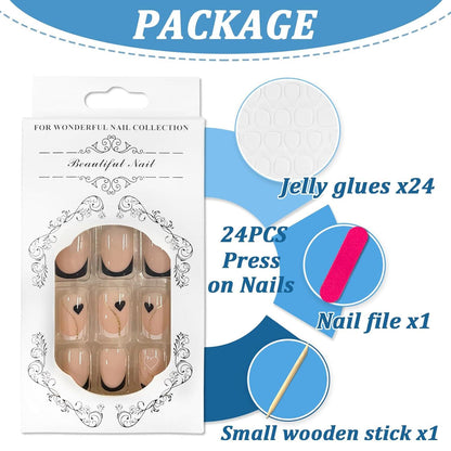 24 Stück Press on Nägel Schwarz Liebesherz Acryl Full Cover Gold Glänzend