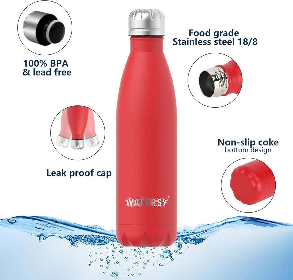 Trinkflasche Edelstahl 500 ml, Thermosflasche BPA-frei für Kinder, Rot