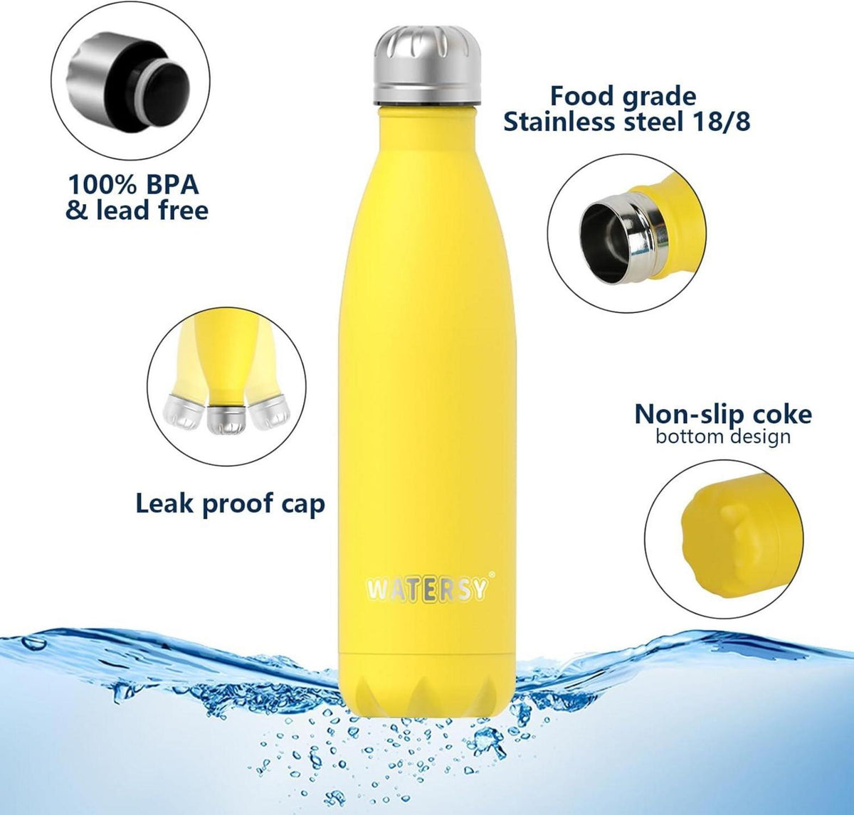 WATERSY Trinkflasche Edelstahl 500ml Thermos Kalt Warm Auslaufsicher Metall