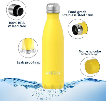 WATERSY Trinkflasche Edelstahl 500ml Thermos Kalt Warm Auslaufsicher Metall