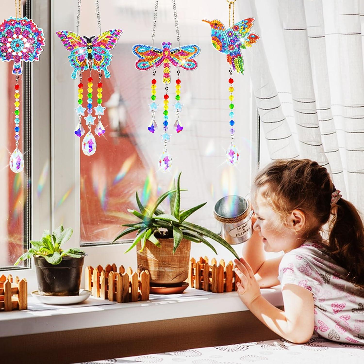 Diamond Painting Windspiel Bastelset - Mädchen Kinder 5D Diamant Malerei Schmetterling Sun Catcher 5 Stück