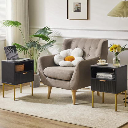 IBUYKE Nachttisch mit Aufbewahrungsschublade und Goldrahmen, modernes Design, Schwarz