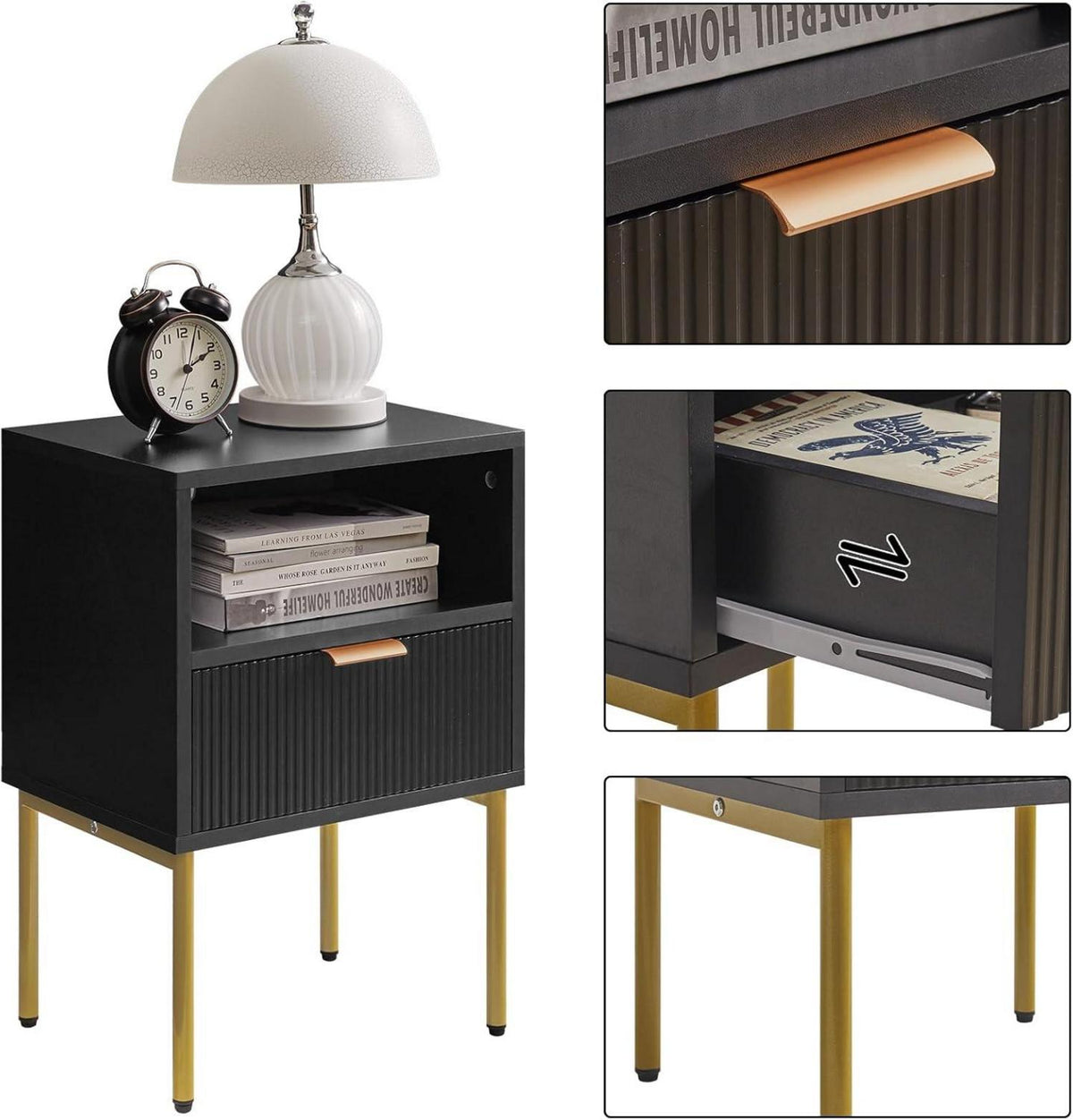 Nachttisch Mid-Century modern mit Schublade und Goldrahmen