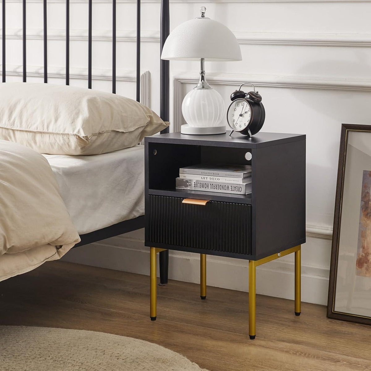 IBUYKE Nachttisch mit Aufbewahrungsschublade und Goldrahmen, modernes Design, Schwarz