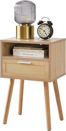 Rattan Nachttisch mit Schublade und Regal, Holz Akzent, Beistelltisch