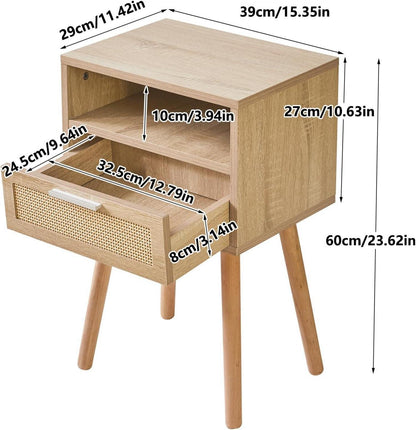 Rattan Nachttisch mit Schublade und Regal, Holz Akzent, Beistelltisch