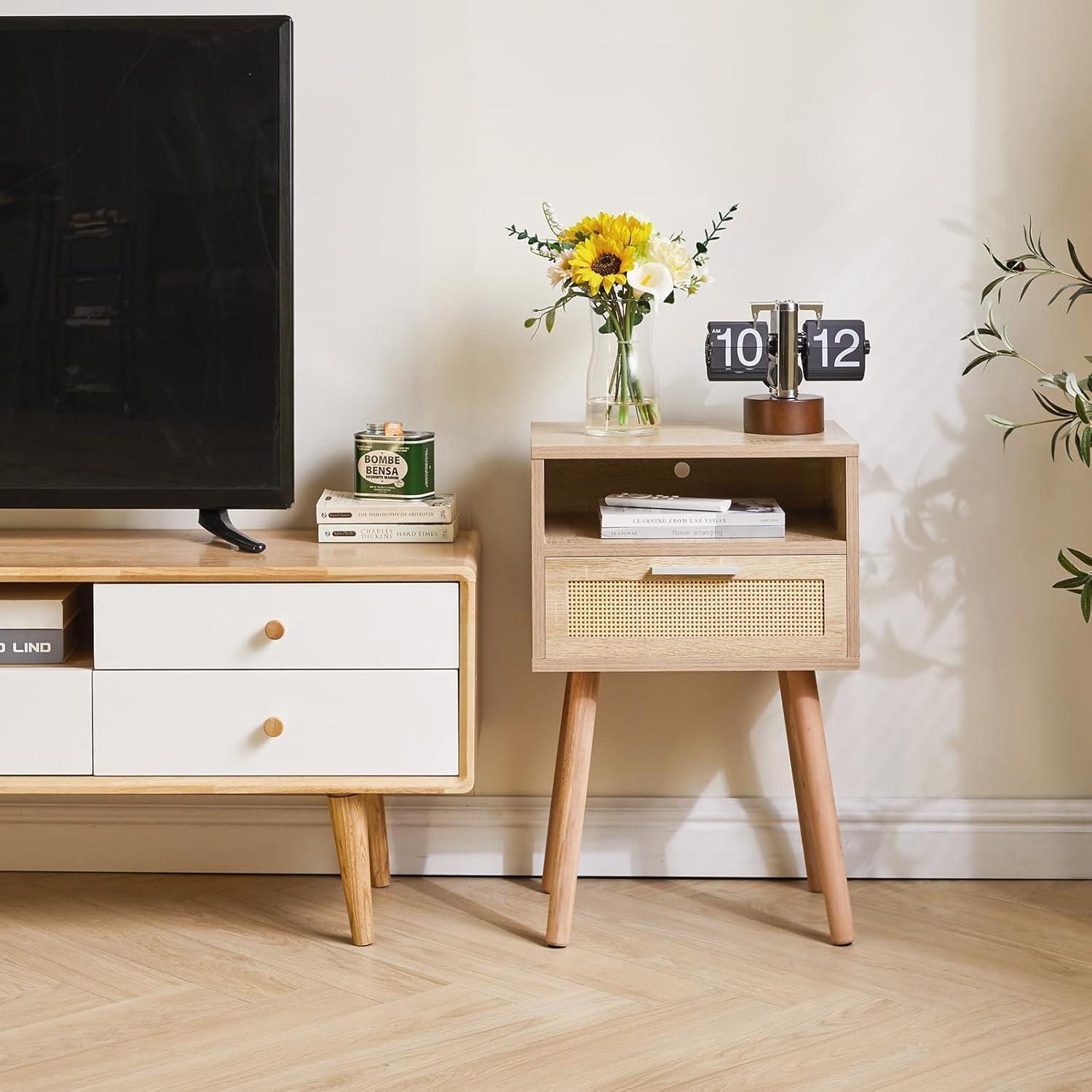 IBUYKE Rattan Beistelltisch mit Schublade und Holz Akzent, Naturfarben